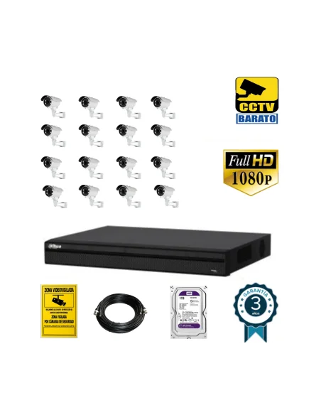 Kit de videovigilancia FULL HD 16 cámaras bullet exterior varifocal más grabador  de 16 canales.