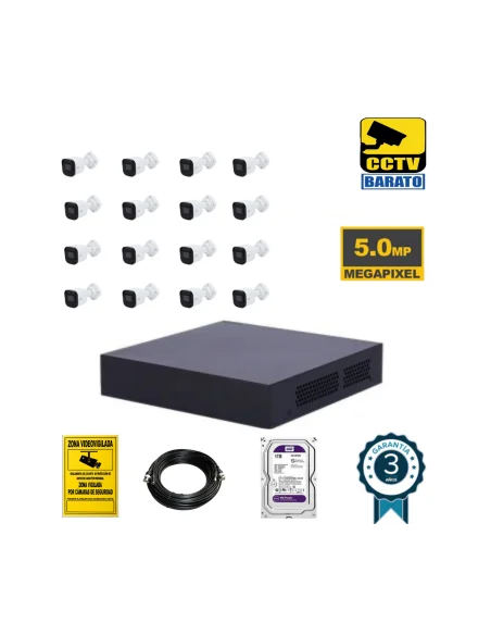 Kit de videovigilancia 16 cámaras bullet 5Mpx exterior/interior óptica fija más grabador de 16 canales