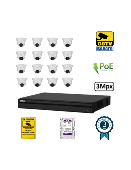 Kit de videovigilancia IP PoE 16 cámaras domo exterior/interior 3Mpx óptica fija más grabador NVR de 16 canales