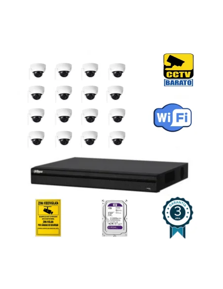 Kit de videovigilancia IP Wifi 16 cámaras domo exterior/interior 3Mpx óptica fija más grabador NVR de 16 canales