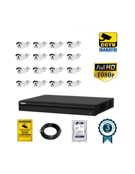 Kit de videovigilancia full hd 16 cámaras bullet varifocal motorizada  exterior más grabador  de 16 canales.