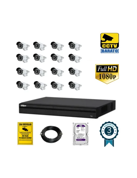 Kit de videovigilancia full hd 16 cámaras bullet varifocal exterior más grabador  de 16 canales.