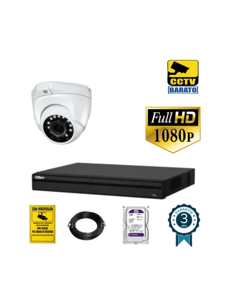 Kit de videovigilancia HD 1 cámara domo exterior óptica fija más grabador  de 4 canales.
