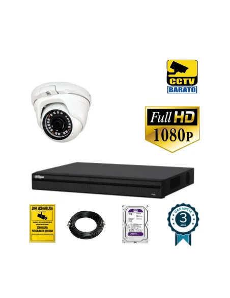 Kit de videovigilancia FULL HD 1 cámara domo interior óptica fija más grabador de 4 canales
