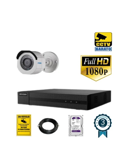 Kit de videovigilancia 2Mp 1 cámara bullet Óptica fija exterior más grabador 4ch + 1ch IP