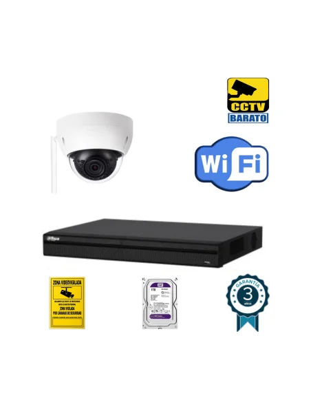 Kit de videovigilancia IP Wifi 1 cámara domo exterior/interior 3Mpx óptica fija más grabador NVR de 4 canales