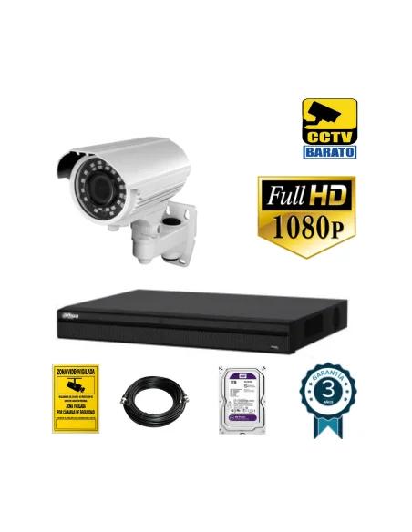 Kit de videovigilancia 1080P FULL HD 1 cámara bullet varifocal exterior más grabador de 4 canales.