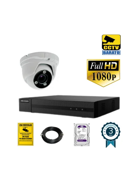 Kit de videovigilancia 2Mp 1 cámara domo Óptica varifocal motorizada exterior/interior más grabador 4ch + 1ch IP