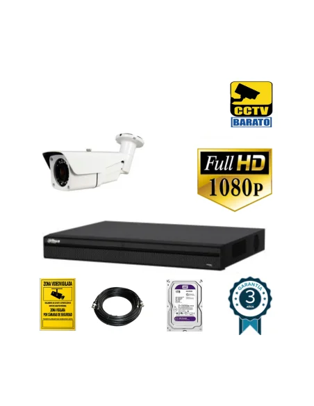 Kit de videovigilancia FULL HD 1 cámara bullet varifocal motorizada  exterior más grabador  de 4 canales