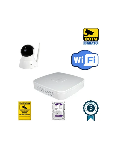 Kit de videovigilancia IP Wifi 1 cámara domo interior , movimiento motorizado, 2Mpx óptica fija más grabador NVR de 4 canales