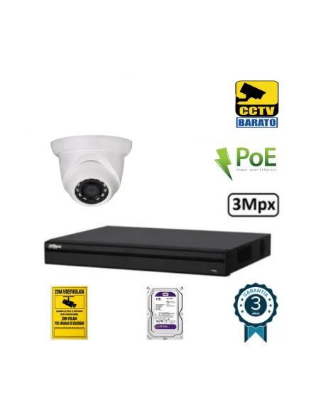 Kit de videovigilancia IP PoE 1 cámara domo exterior/interior 3Mpx óptica fija más grabador NVR de 4 canales