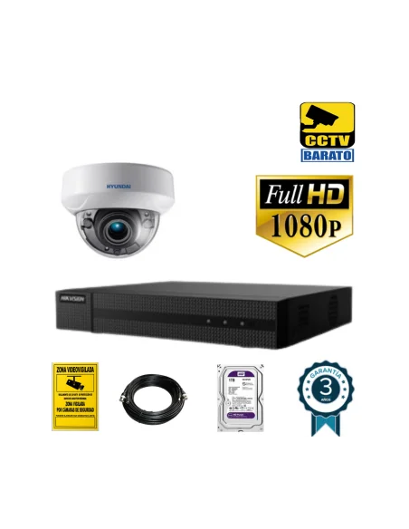 Kit de videovigilancia 2Mp 1 cámara domo Óptica varifocal motorizada interior más grabador 4ch + 1ch IP