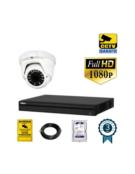 Kit de videovigilancia FULL HD 1 cámara domo varifocal exterior/interior más grabador  de 4 canales