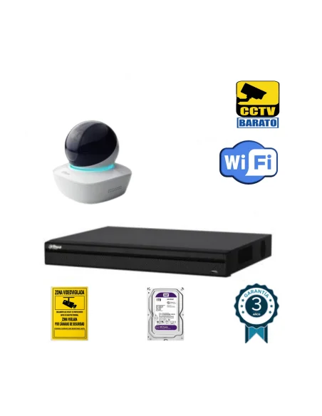 Kit de videovigilancia IP Wifi HD 1 cámara domo motorizada interior óptica fija más grabador NVR de 4 canales