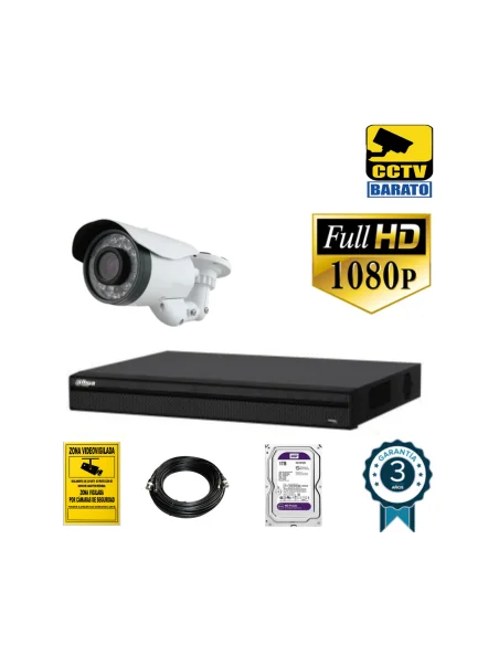 Kit de videovigilancia FULL HD 1 cámara bullet varifocal exterior más grabador  de 4 canales.