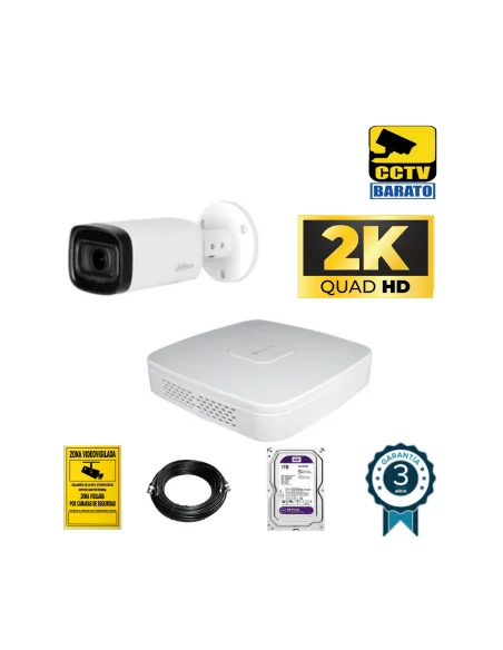 Kit de videovigilancia 5Mp, 1 cámara bullet Óptica varifocal motorizada exterior IR 60M más grabador 4ch + 2ch IP