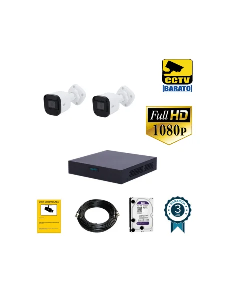 Kit de videovigilancia FULL HD 2 cámaras bullet exterior óptica fija más grabador de 4 canales