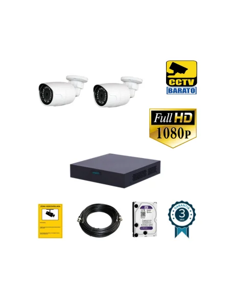 Kit de videovigilancia FULL HD 2 cámaras bullet exterior óptica fija más grabador de 4 canales.