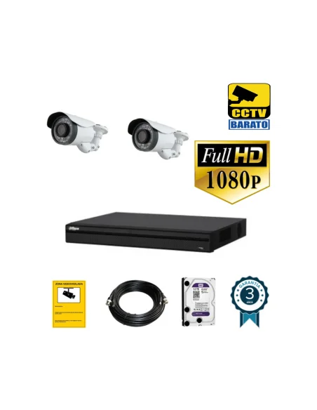 Kit de videovigilancia FULL HD 2 cámaras bullet varifocal exterior más grabador  de 4 canales.
