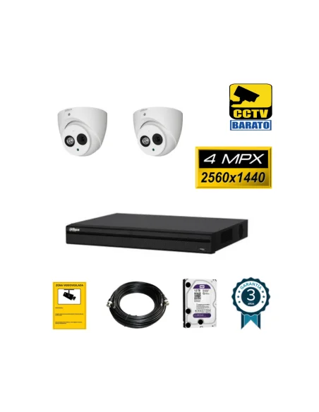 Kit de videovigilancia 2 cámaras domo 4Mpx exterior/interior óptica fija más grabador  de 4 canales