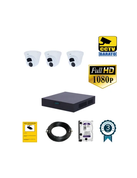 Kit de videovigilancia FULL HD 3 cámaras domo interior/exterior óptica fija más grabador de 4 canales.