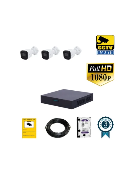 Kit de videovigilancia FULL HD 3 cámaras bullet exterior óptica fija más grabador de 4 canales.