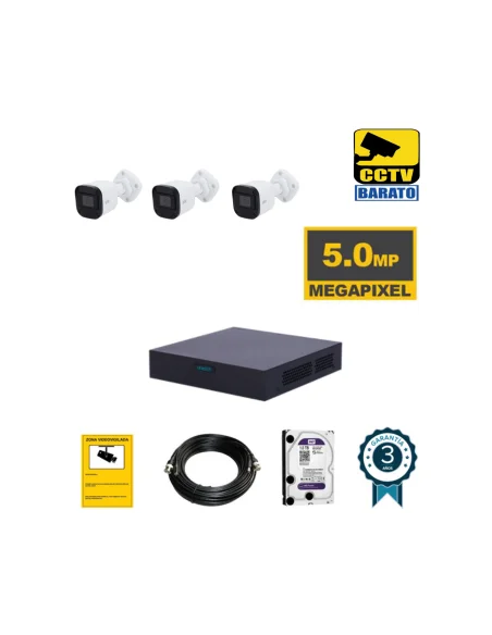 Kit de videovigilancia  3 cámaras bullet 5mpx exterior óptica fija más grabador  de 4 canales