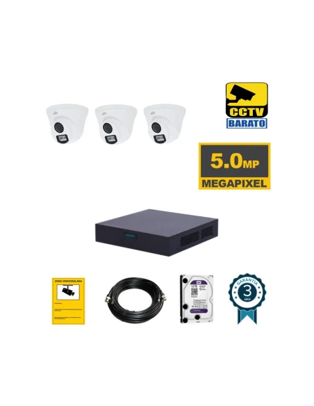 Kit de videovigilancia  3 cámaras domo 5Mpx exterior óptica fija más grabador  de 4 canales