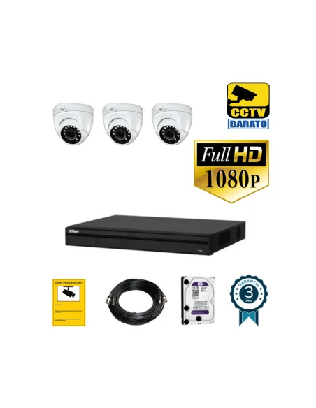 Kit de videovigilancia FULL HD 3 cámaras domo varifocal motorizada exterior/interior más grabado de 4 canales.