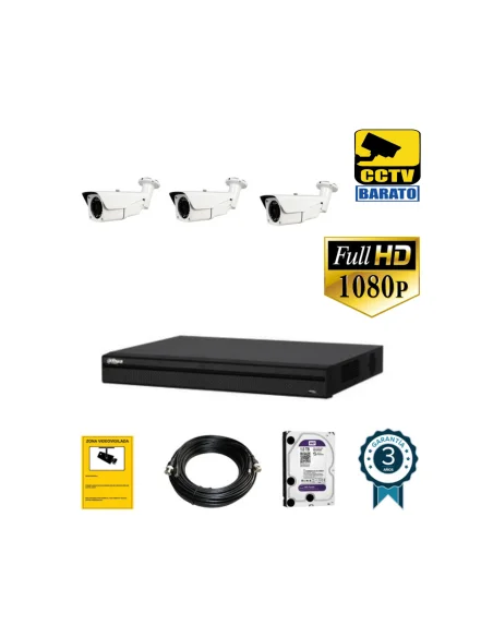 Kit de videovigilancia FULL HD 3 cámaras bullet varifocal motorizada exterior  más grabador de 4 canales