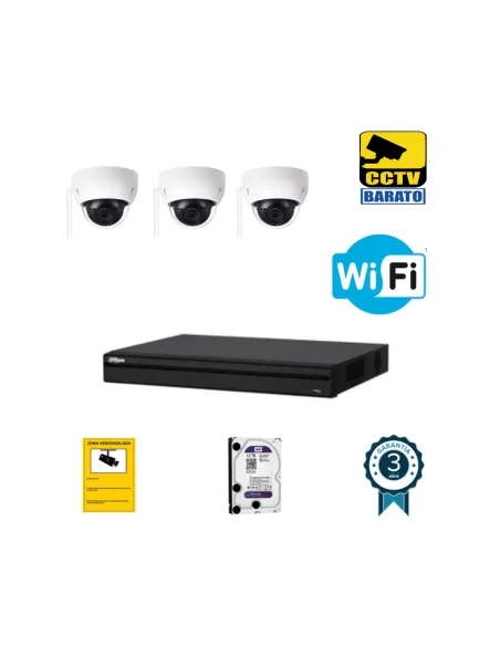 Kit de videovigilancia IP Wifi 3 cámaras domo exterior/interior 3Mpx óptica fija más grabador NVR de 4 canales.