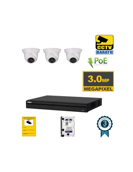 Kit de videovigilancia IP PoE 3 cámaras domo exterior/interior 3Mpx óptica fija más grabador NVR de 4 canales.