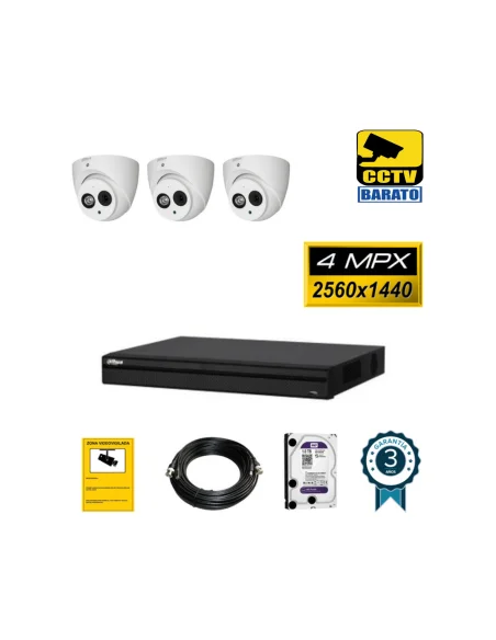 Kit de videovigilancia FULL HD 3 cámaras domo 4Mpx exterior/interior óptica fija más grabador  de 4 canales