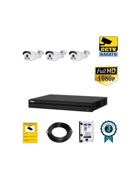 Kit de videovigilancia FULL HD 3 cámaras bullet varifocal motorizada  exterior más grabador  de 4 canales.
