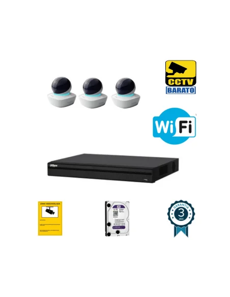 Kit de videovigilancia IP Wifi HD 3 cámaras domo motorizada interior óptica fija más grabador NVR de 4 canales