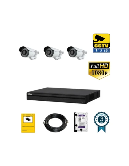 Kit de videovigilancia FULL HD 3 cámaras bullet varifocal exterior más grabador  de 4 canales.