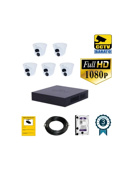 Kit de videovigilancia FULL HD 5 cámaras domo exterior óptica fija más grabador  de 8 canales.