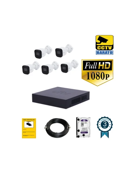 Kit de videovigilancia FULL HD 5 cámaras bullet exterior óptica fija más grabador  de 8 canales.