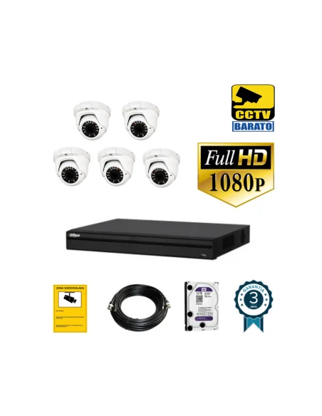 Kit de videovigilancia FULL HD 5 cámaras domo exterior/interior varifocal más grabador  de 8 canales.