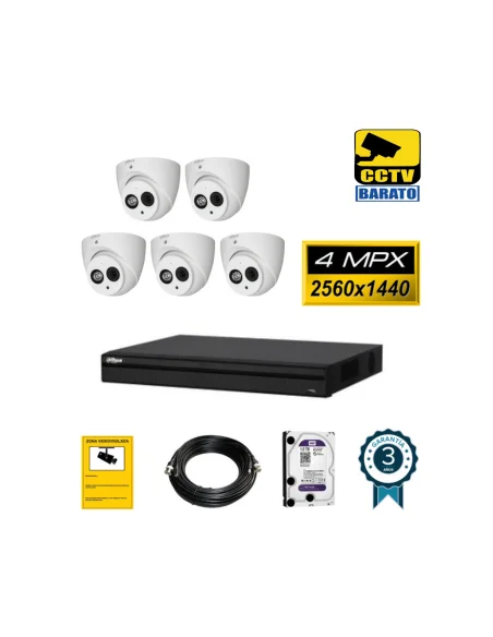 Kit de videovigilancia 5 cámaras domo 4Mpx exterior/interior óptica fija más grabador  de 8 canales