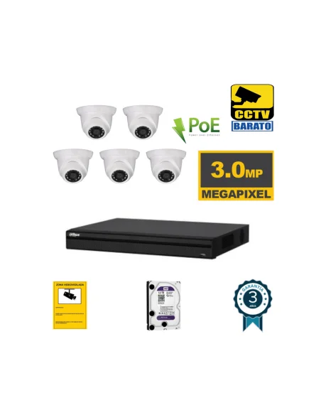 Kit de videovigilancia IP PoE 5 cámaras domo exterior/interior 3Mpx óptica fija más grabador NVR de 8 canales