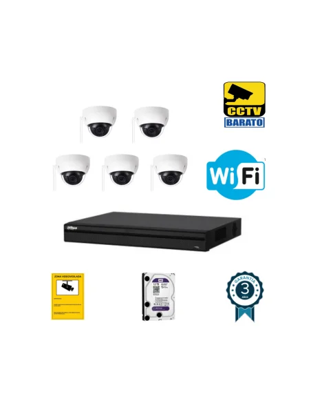 Kit de videovigilancia IP Wifi 5 cámaras domo exterior/interior 3Mpx óptica fija más grabador NVR de 8 canales