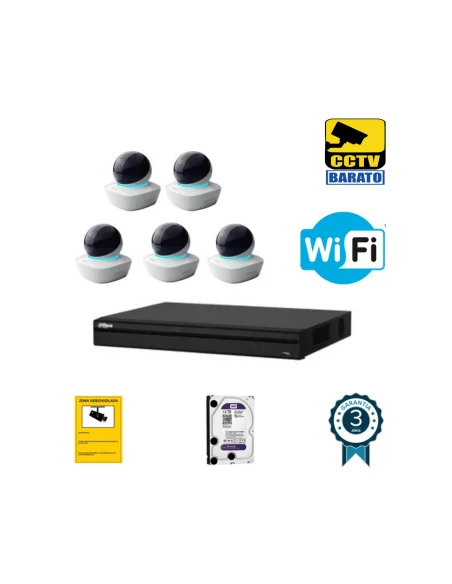 Kit de videovigilancia IP Wifi HD 5 cámaras domo motorizada interior óptica fija más grabador NVR de 8 canales