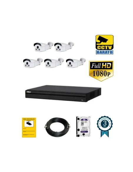 Kit de videovigilancia full hd 5 cámaras bullet varifocal motorizada  exterior más grabador  de 8 canales.