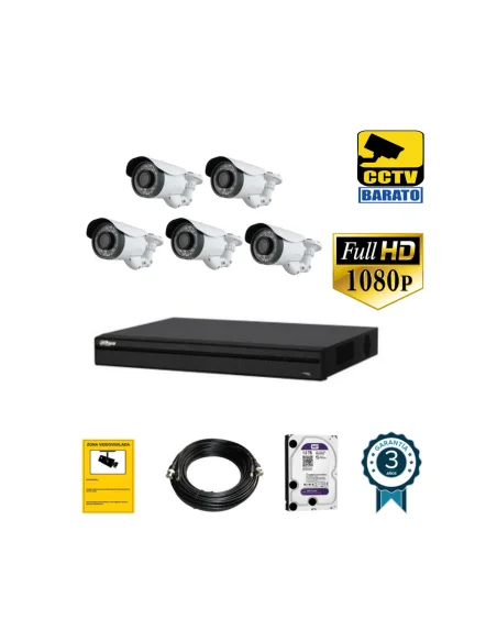 Kit de videovigilancia full hd 5 cámaras bullet varifocal exterior más grabador  de 8 canales.