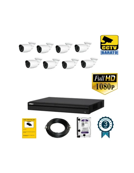 Kit de videovigilancia FULL HD 8 cámaras bullet exterior óptica fija más grabador  de 8 canales.