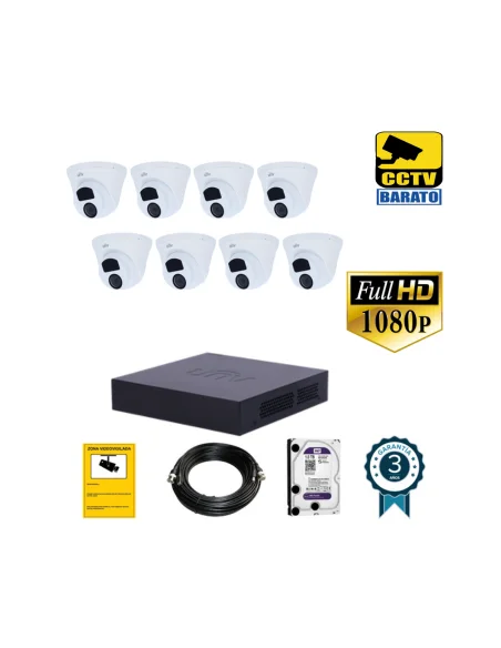 Kit de videovigilancia FULL HD 8 cámaras domo exterior óptica fija más grabador  de 8 canales.