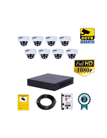 Kit de videovigilancia Full HD 8 cámaras domo cúpula óptica fija más grabador de 8 canales.