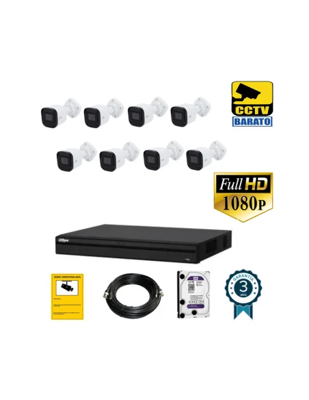 Kit de videovigilancia FULL HD 8 cámaras bullet exterior óptica fija más grabador de 8 canales