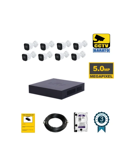 Kit de videovigilancia 8 cámaras bullet 5Mpx exterior/interior óptica fija más grabador de 8 canales